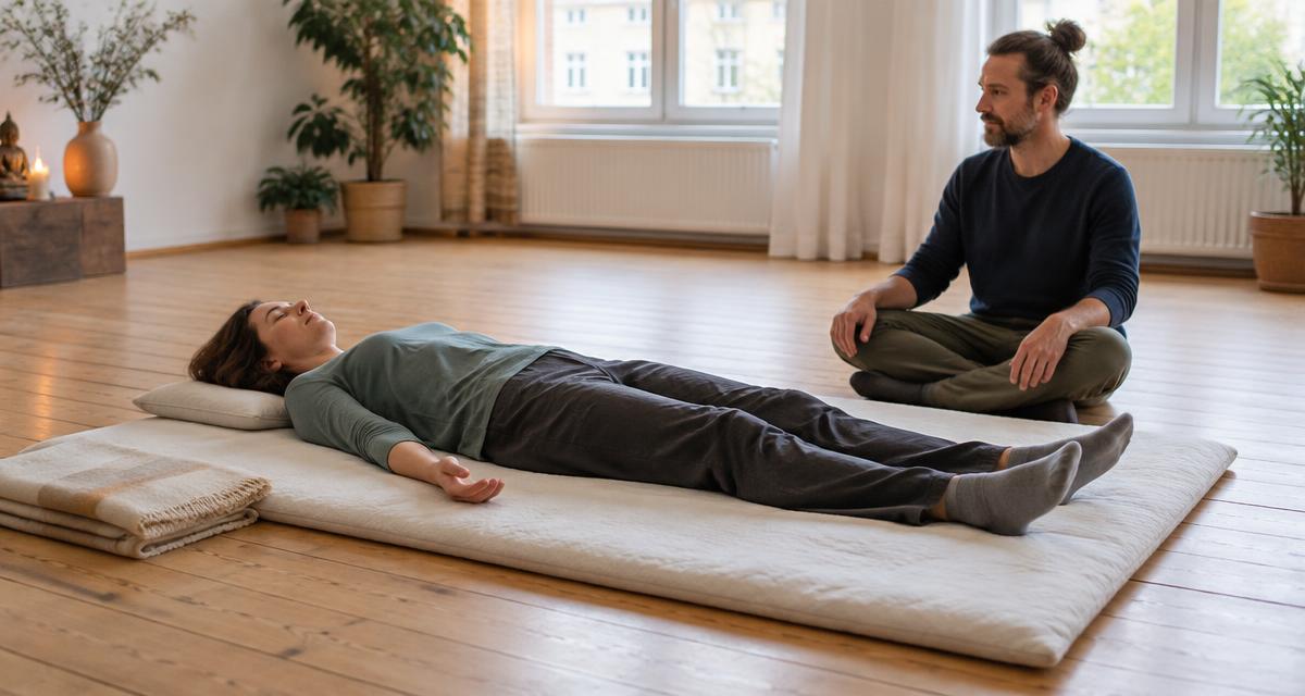 An illustrative breathwork session with a breather lying on a mat and an attentive sitter seated beside them