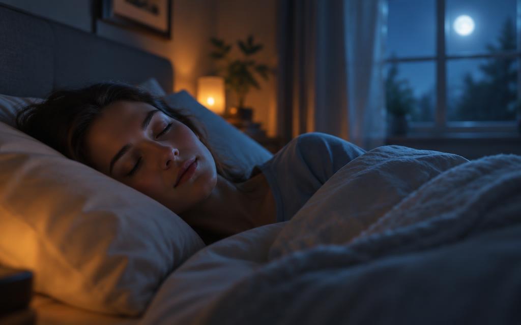 Eine Person liegt friedlich im Bett, atmet langsam im sanften Mondlicht, tiefe Ruhe und Entspannung vermittelnd