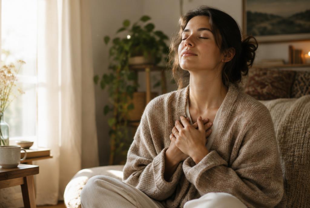 A person breathing calmly with eyes closed in a warm, softly lit room, conveying release and safety