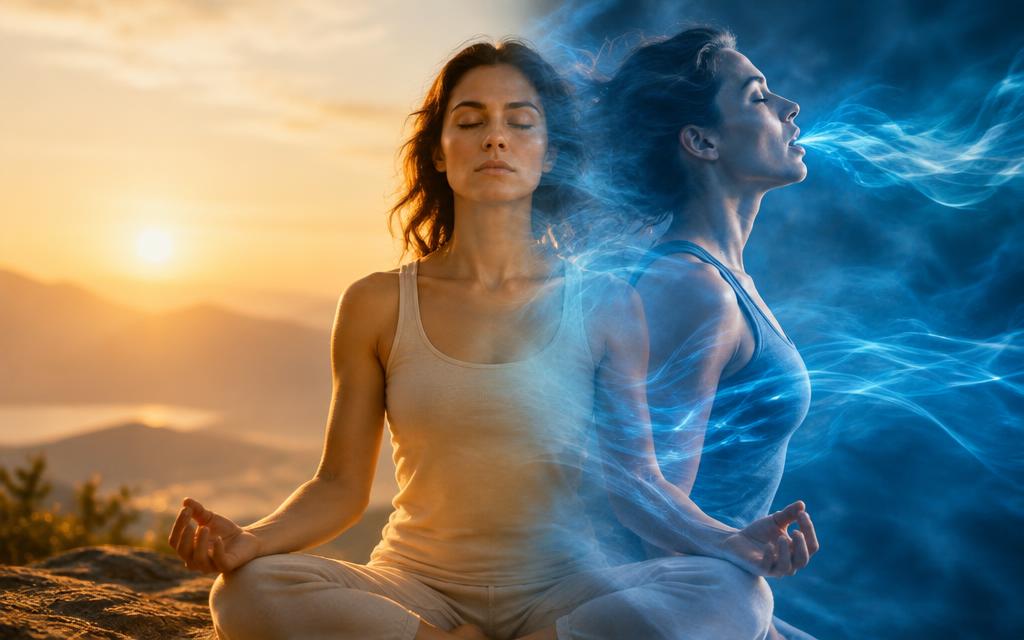 Eine geteilte Szene: stille Meditation in warmem goldenem Licht auf der einen Seite, aktives Breathwork in kühler blauer Energie auf der anderen, in der Mitte verschmelzend