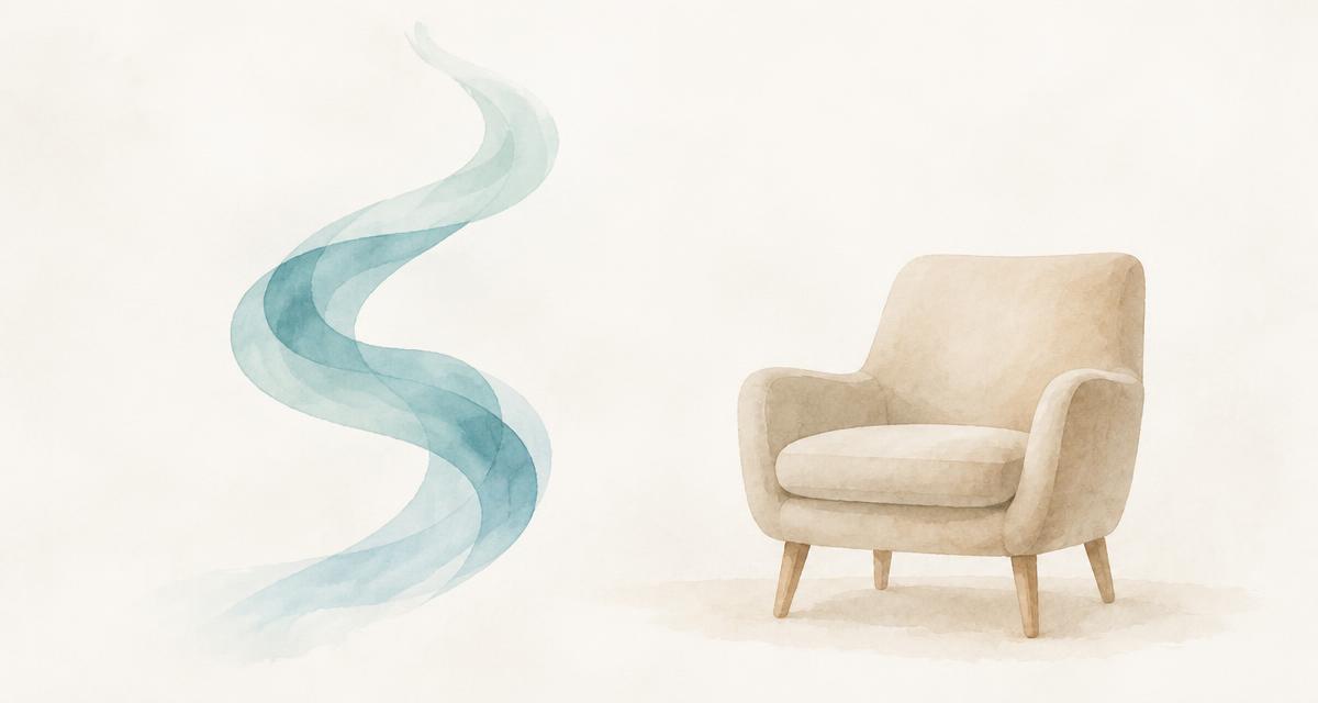 Minimal watercolor of a teal breath ribbon next to an empty armchair