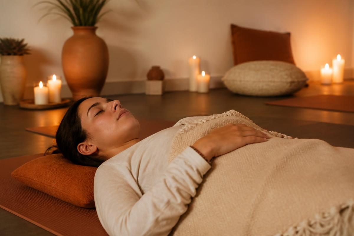 Eine Person ruht bei einer Breathwork-Session im Kerzenlicht auf einer Matte