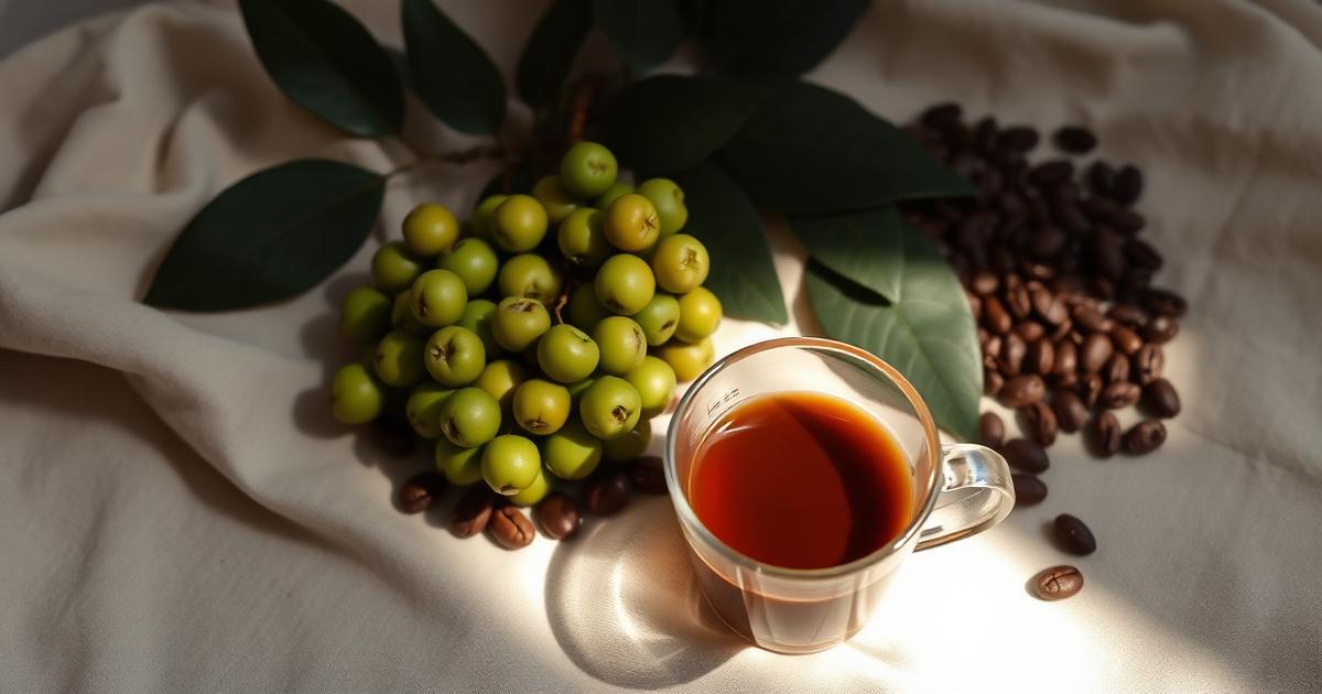 A cup of filter coffee beside green coffee cherries and roasted beans on linen in morning light