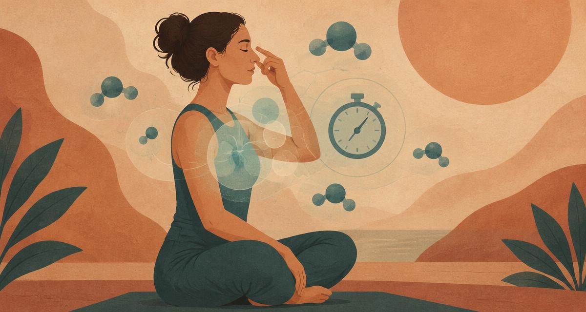 A woman sitting cross-legged with closed eyes gently pinching her nose after a soft exhale, surrounded by soft molecule shapes and a stopwatch