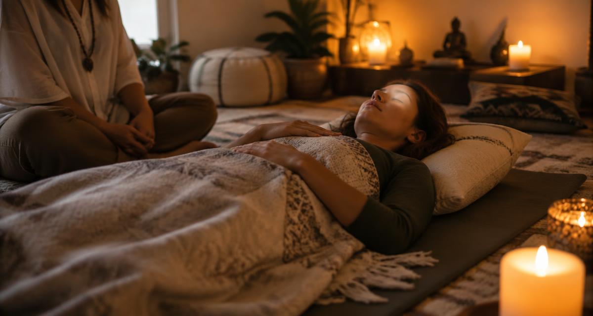 A person lying on a mat under a blanket during a facilitated breathwork session in warm candlelight