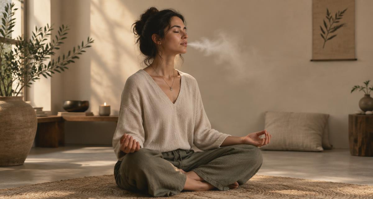 Eine serene Person sitzt in ruhiger Meditation, eine sanfte Ausatmung als feiner Nebel sichtbar, warmes natürliches Licht, friedlich und erdend