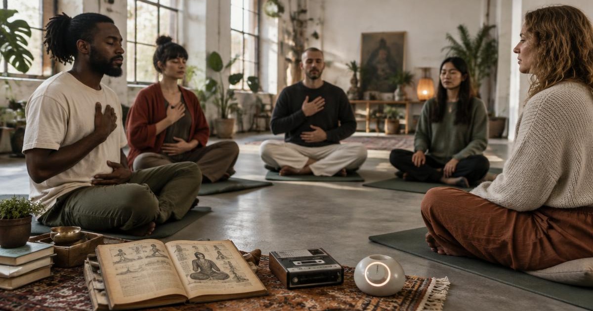 Ein moderner Breathwork-Kreis mit altem Yogabuch, Kassettenrekorder und Atemtimer als Sinnbild für die Geschichte der Atemarbeit