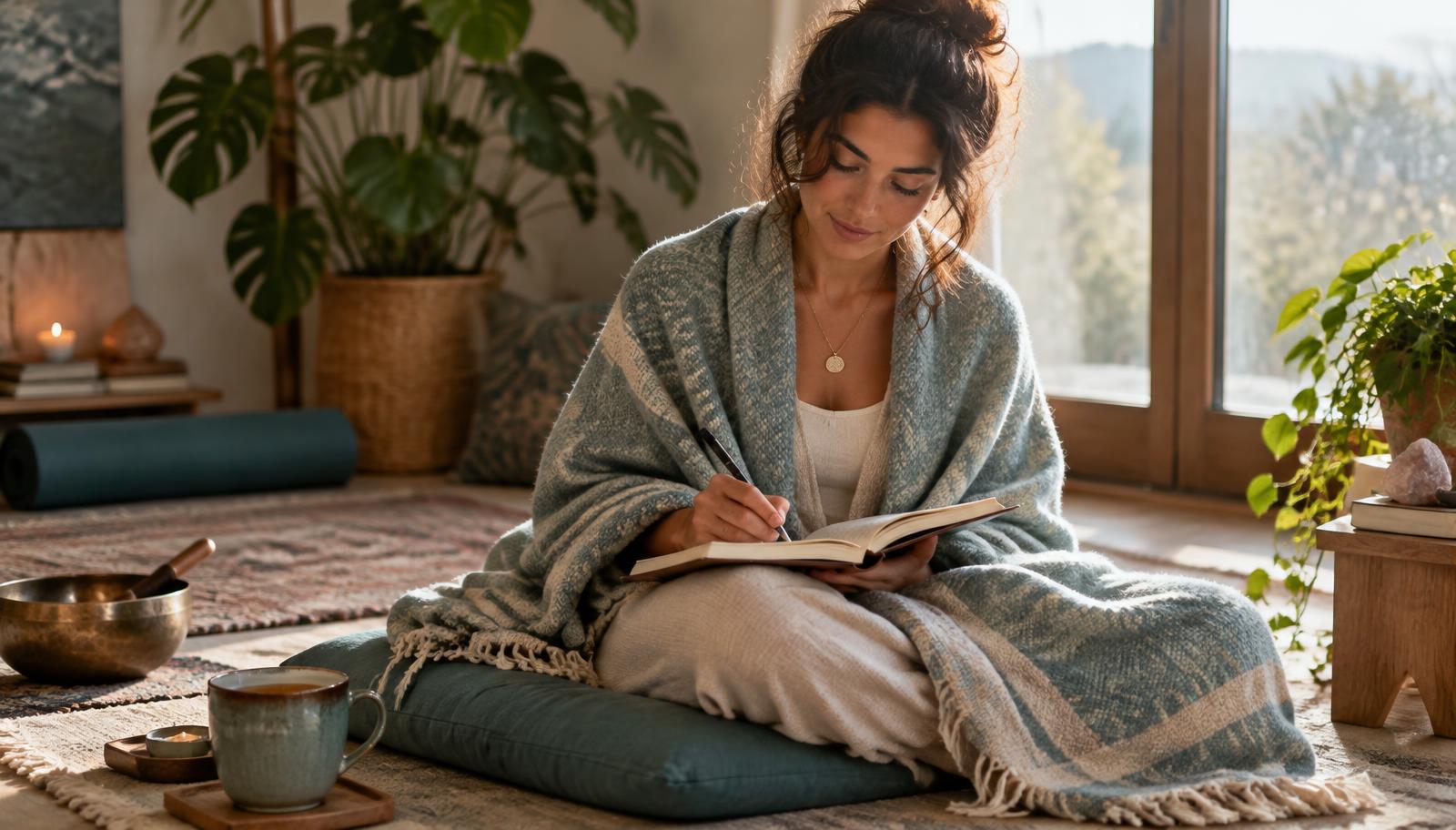 A person wrapped in a blanket sits on a floor cushion in soft morning light, writing in a journal with a cup of tea beside them