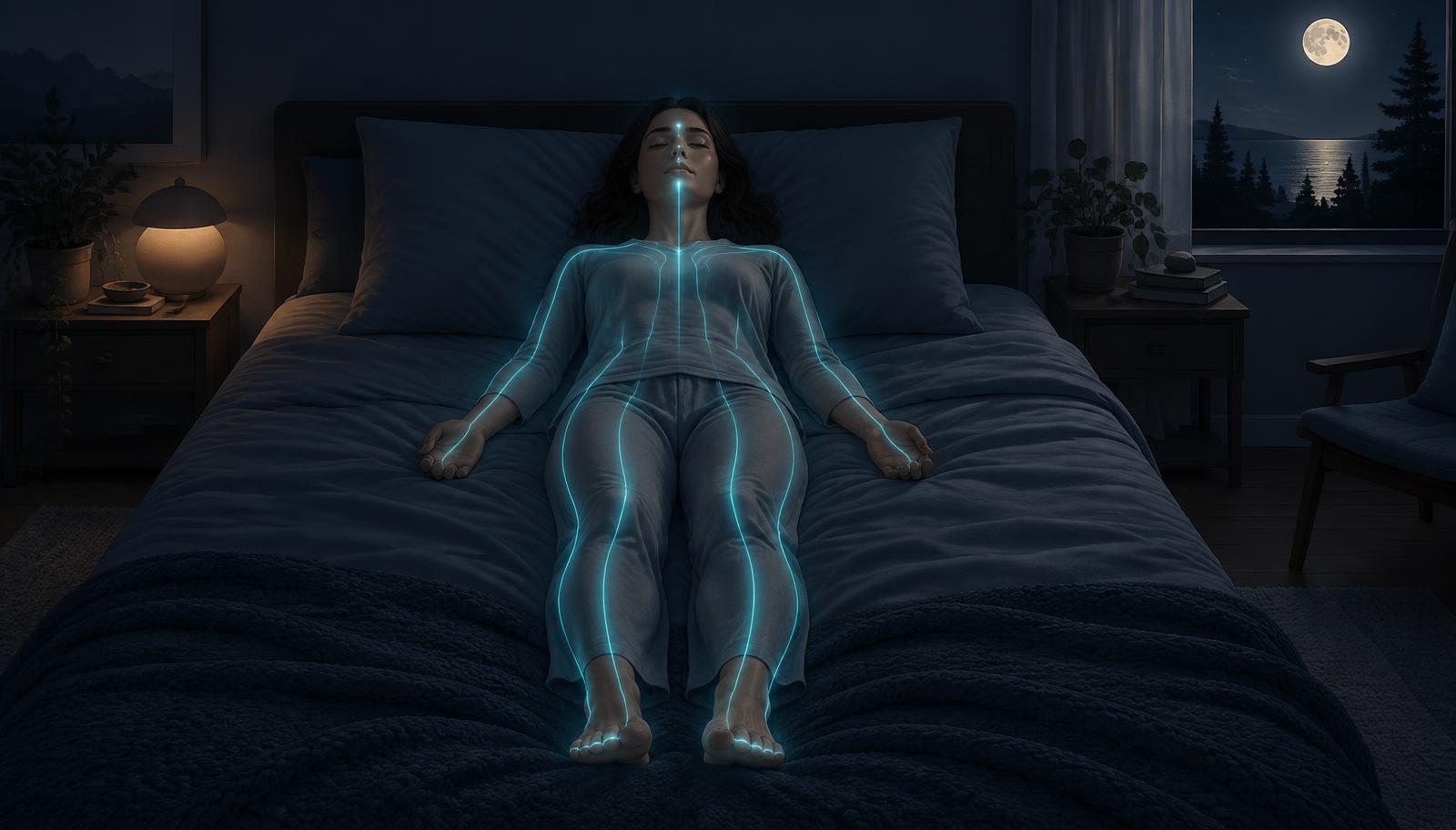 A person lying on their back in a moonlit bedroom with glowing lines flowing from face to feet, visualizing top-down body relaxation
