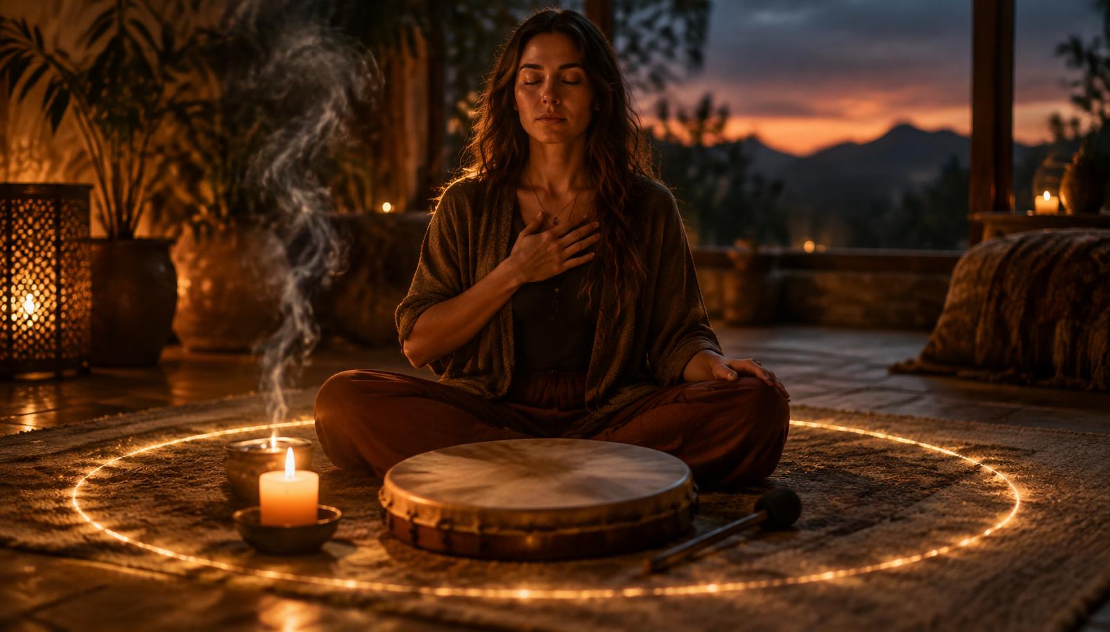 A person sitting cross-legged in a candlelit room at dusk with a hand on the chest, eyes closed, a frame drum and a circle of golden light in front of them