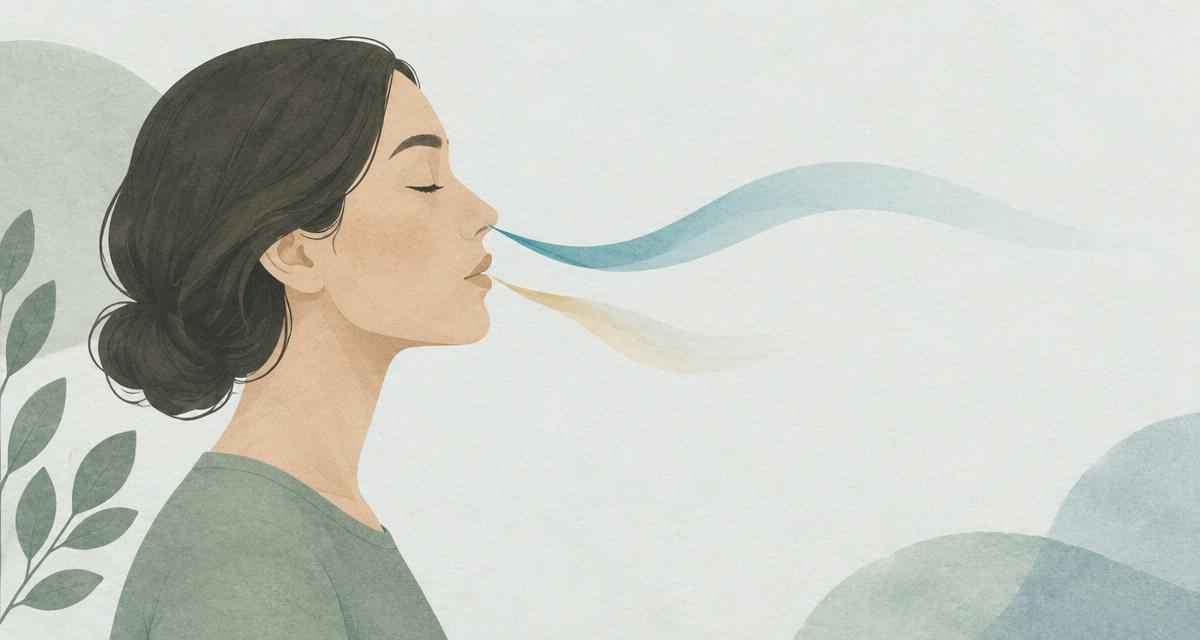 Eine ruhige Illustration einer Frau, die durch die Nase atmet: Ein kühles blaues Luftband strömt durch die Nase, während ein schwaches warmes Band am Mund verklingt