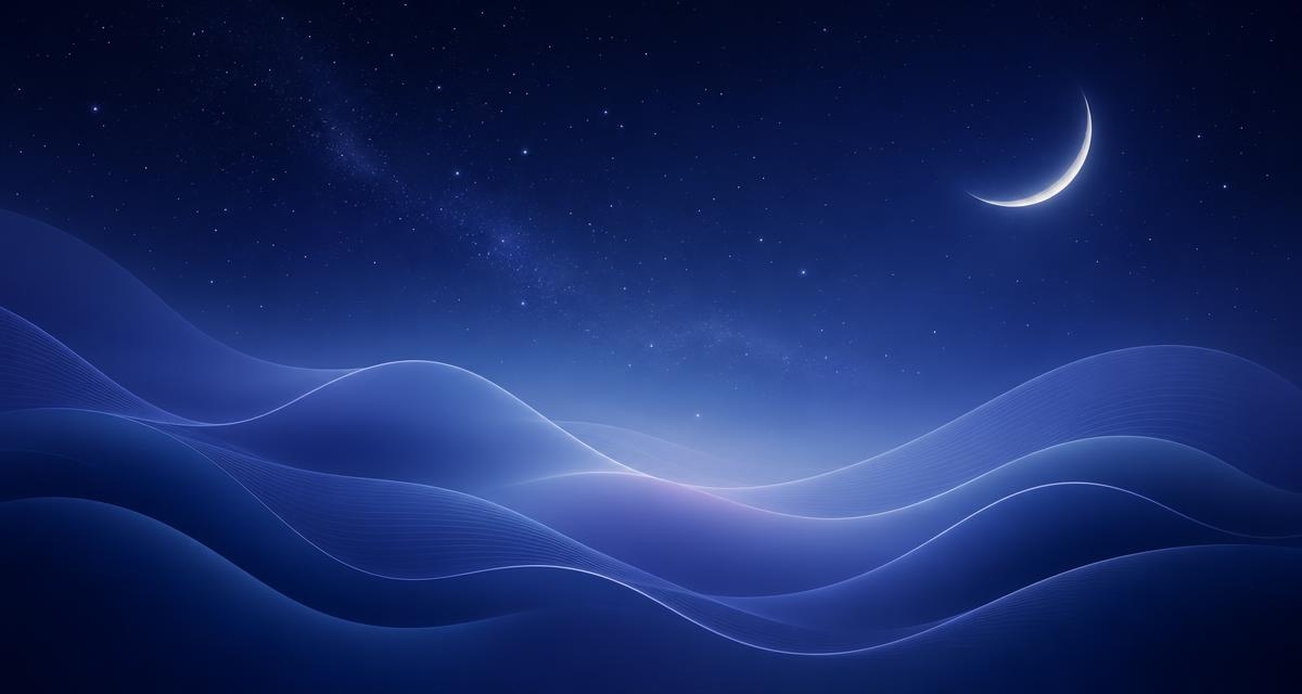 Flowing breath waves under a crescent moon, evoking calm sleep and rest