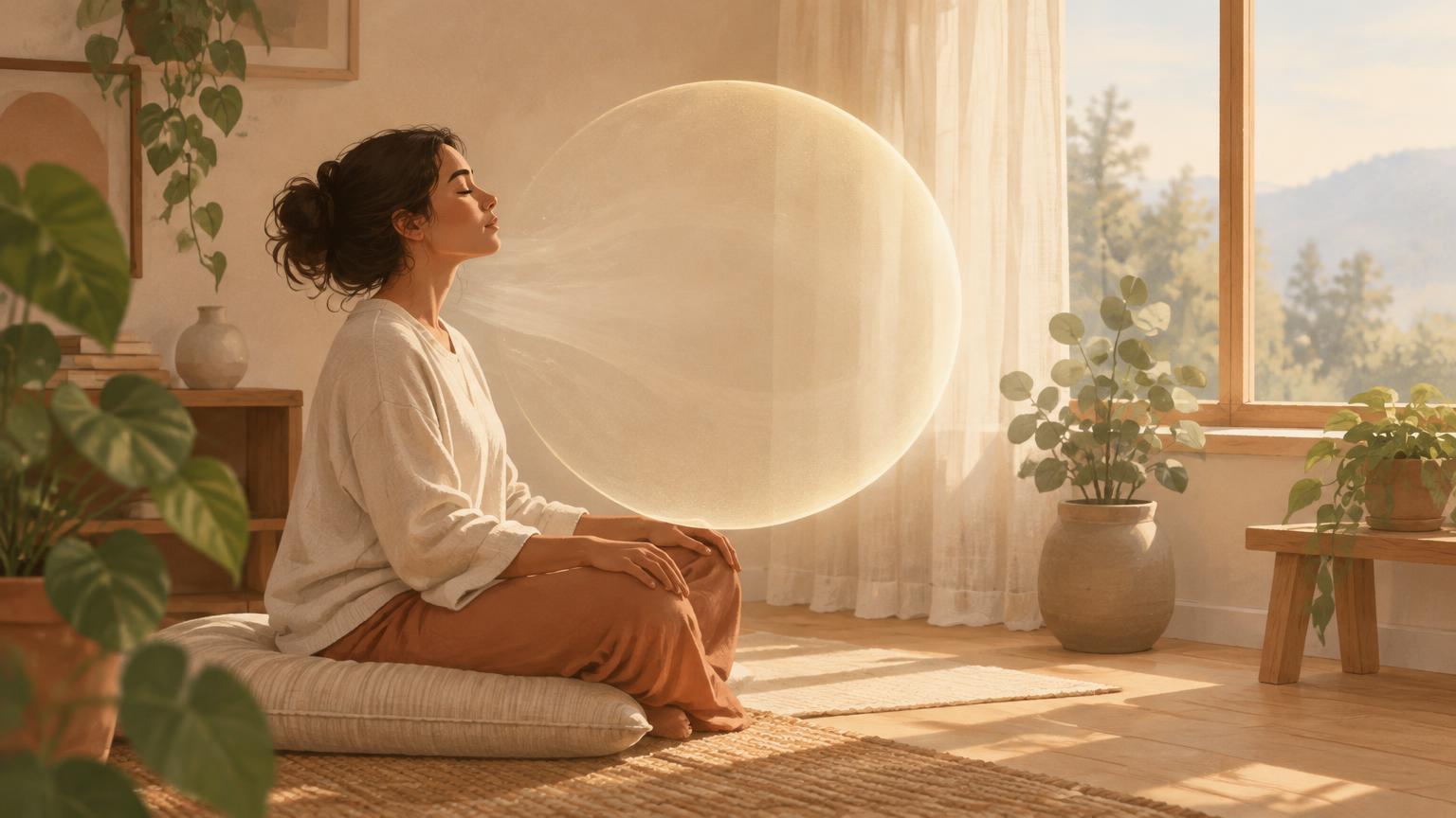 A woman sitting on a cushion at home in soft morning light, eyes closed, with a large glowing circle in front of her like a breath