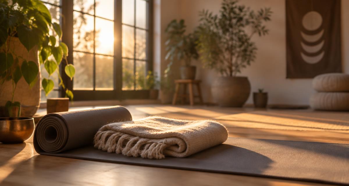 A calm breathwork studio with a rolled mat and blanket in warm sunlight