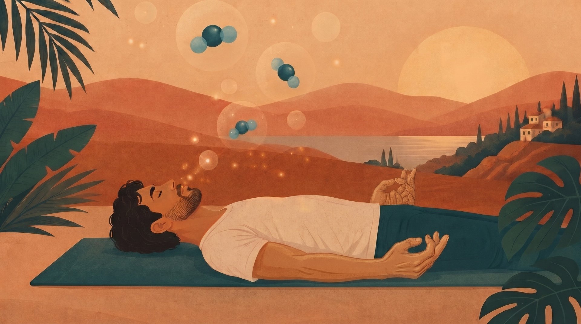 A man lying on his back on a yoga mat with eyes closed and fingers curled in cramp, soft sparkles at his lips and floating CO₂ molecules above him, with hills and a lake at sunset behind