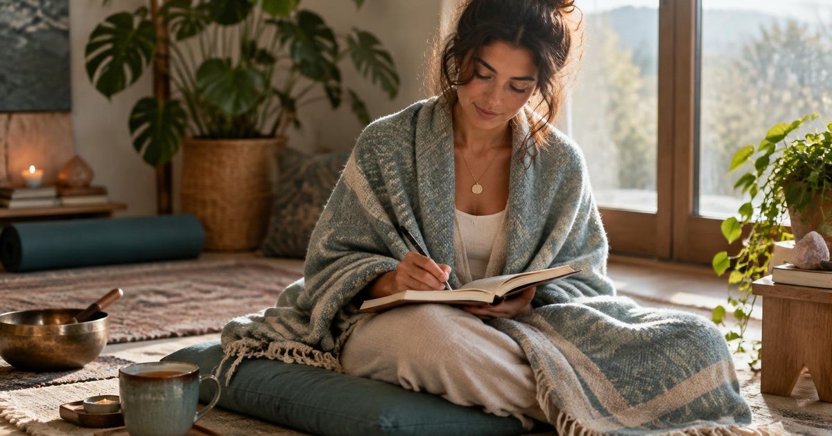 A person wrapped in a blanket sits on a floor cushion in soft morning light, writing in a journal with a cup of tea beside them