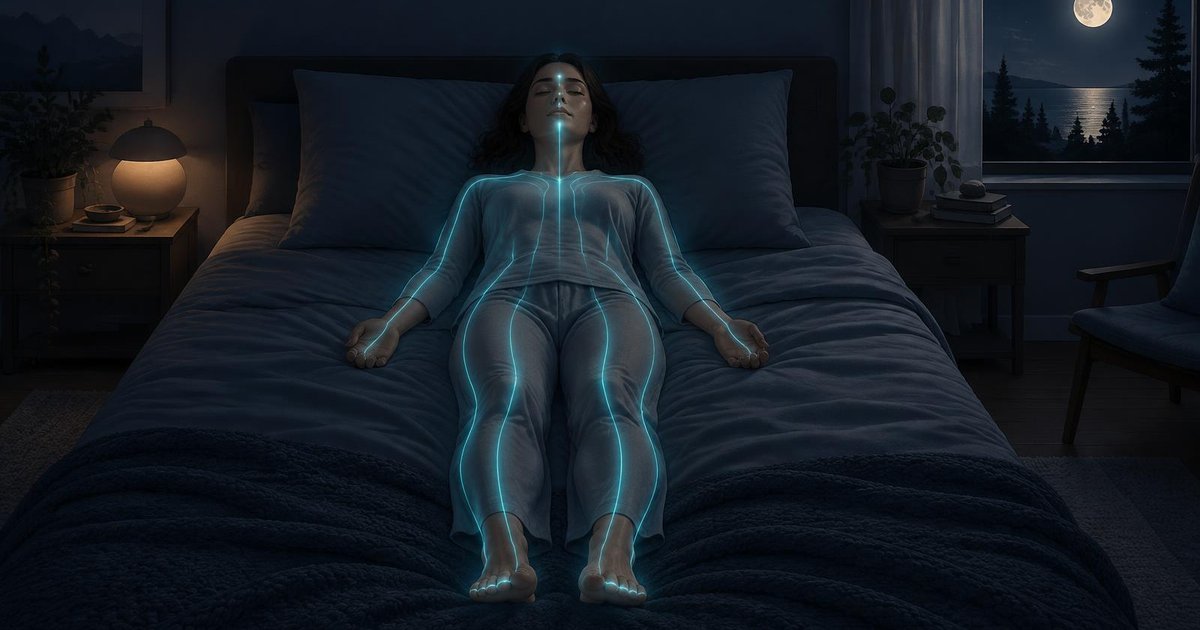 A person lying on their back in a moonlit bedroom with glowing lines flowing from face to feet, visualizing top-down body relaxation