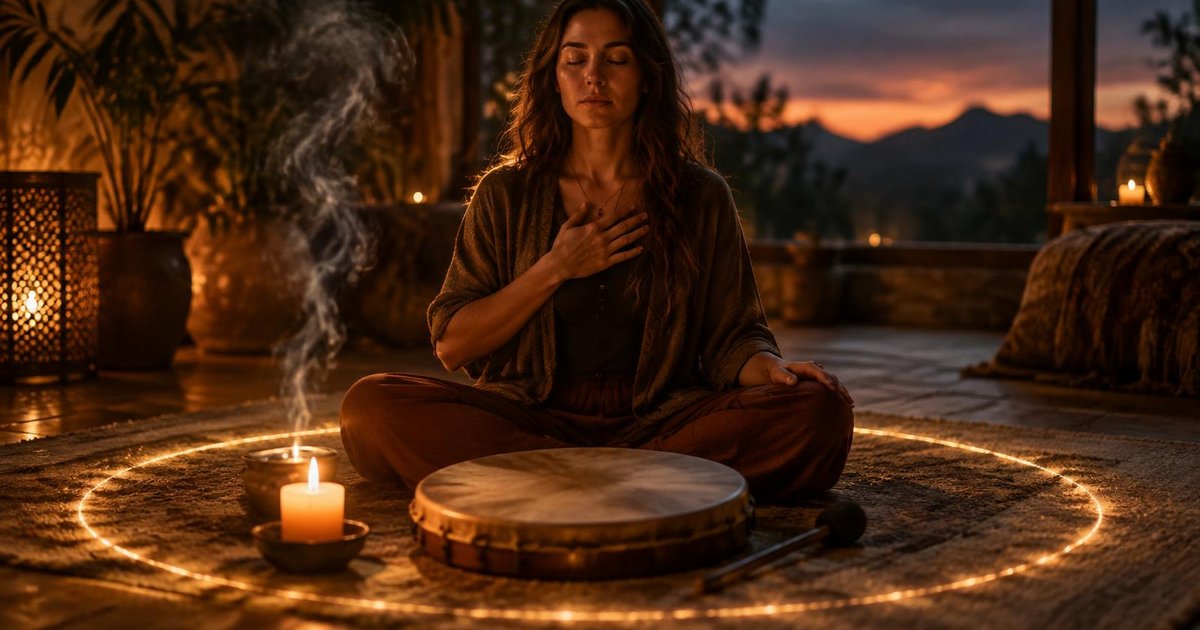 A person sitting cross-legged in a candlelit room at dusk with a hand on the chest, eyes closed, a frame drum and a circle of golden light in front of them
