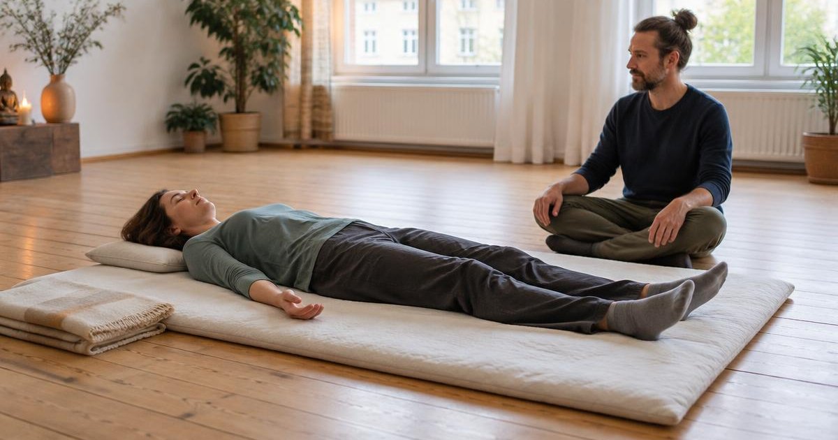 An illustrative breathwork session with a breather lying on a mat and an attentive sitter seated beside them